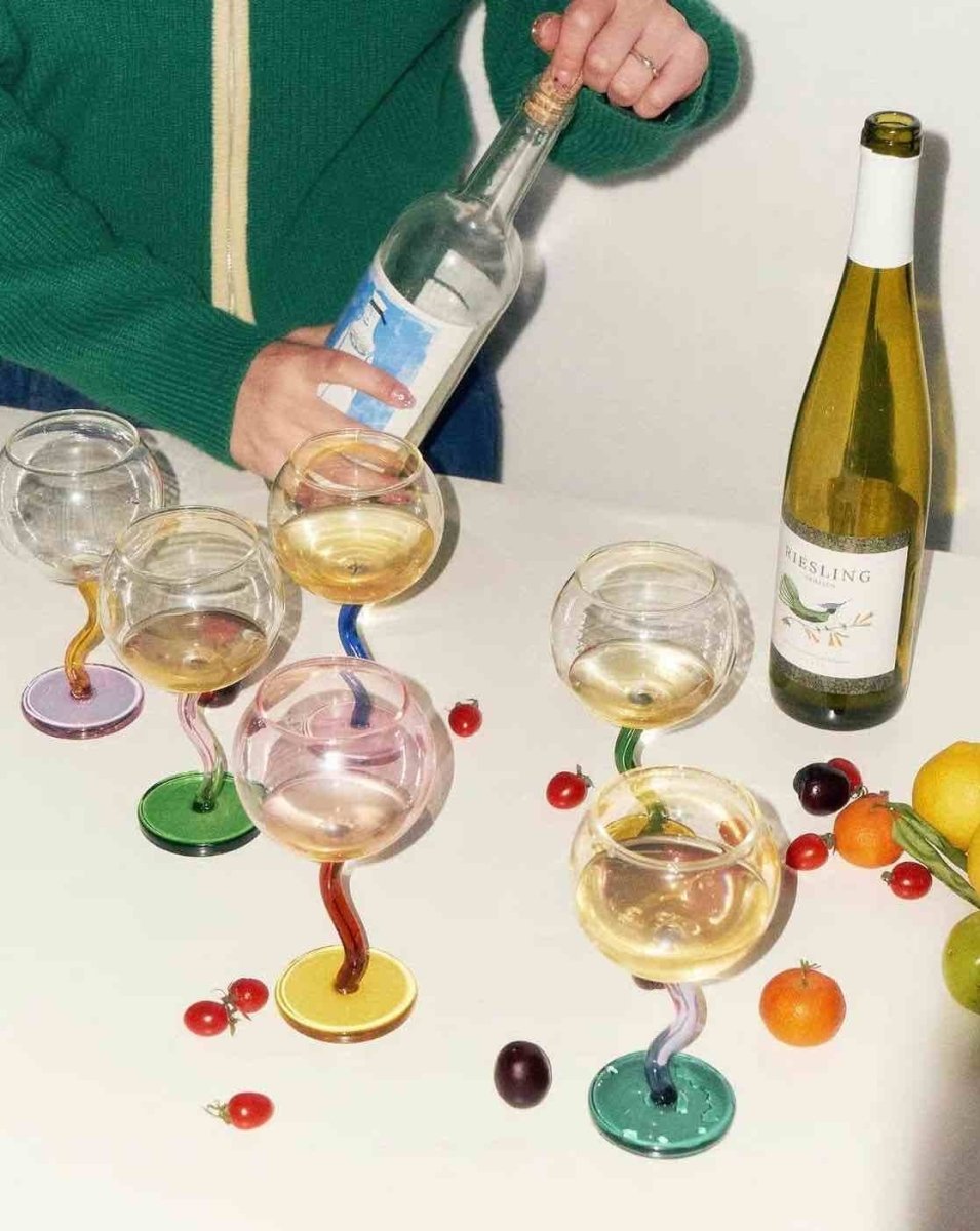 Handblown Bubble Wavy Stemmed Wine Glasses
