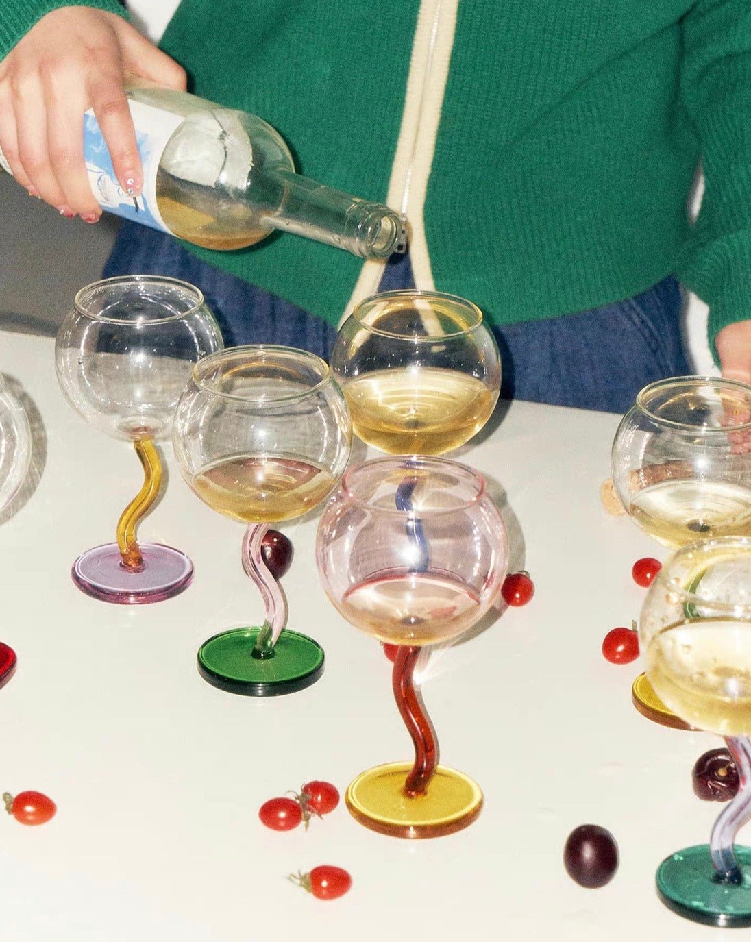 Handblown Bubble Wavy Stemmed Wine Glasses